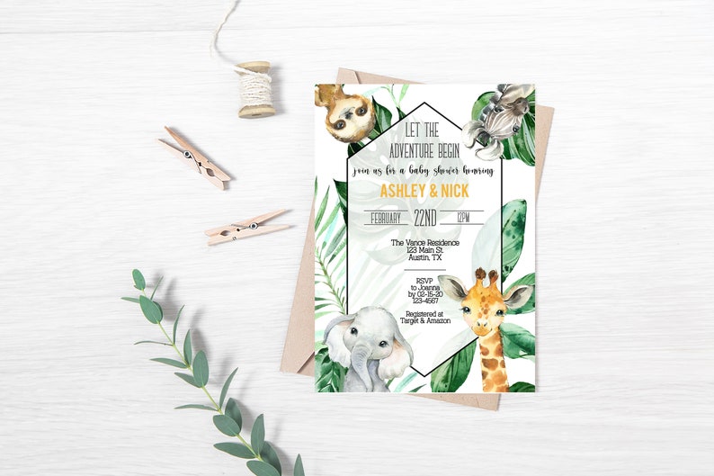 May include: A jungle-themed baby shower invitation with a sloth, giraffe, and elephant. The invitation reads "Let the Adventure Begin" and includes the names "Ashley & Nick", the date "February 22nd", and the time "6PM".