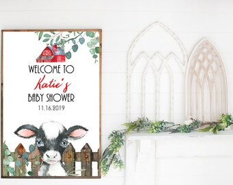 Barnyard baby douche teken, boerderij baby douche welkom teken, koe baby shower, gender neutraal, boerderij, koe 014