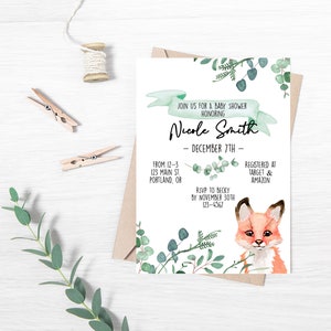 Baby Shower Invitation, Woodland Baby Shower, Eucalyptus, Fox, Template, Editable, Instant, Baby, Gender Neutral, 008