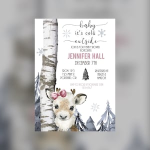 Baby Shower Invitation, Winter Woodland Baby Shower, Reindeer, Winter Baby Shower, Baby It&#39;s Cold Outside, Editable, Instant, Baby Girl, 003