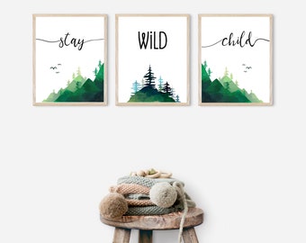 Woodland Baby Nursery, Nature Nursery Prints, Mountain Nursery, Tree Wall Art, Digitale Download, Stay Wild Child, 8x10 Prints, 105