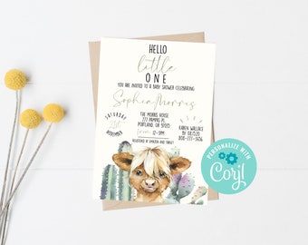 Barnyard Baby Shower Invitation, Highland Baby Shower Invitation, Cow Baby Shower, Greenery, Cactus, Gender Neutral, Farmhouse, Cow, 052
