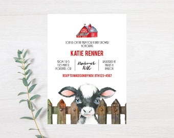 Barnyard baby shower uitnodiging, boy baby shower uitnodiging, Boy Cow baby shower, gender neutraal, boerderij, koe 014