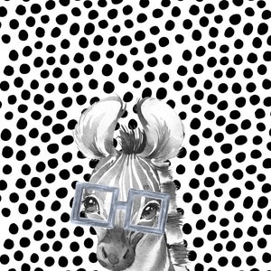 May include: A black and white zebra with a black and white striped pattern wearing blue glasses against a white background with black polka dots.