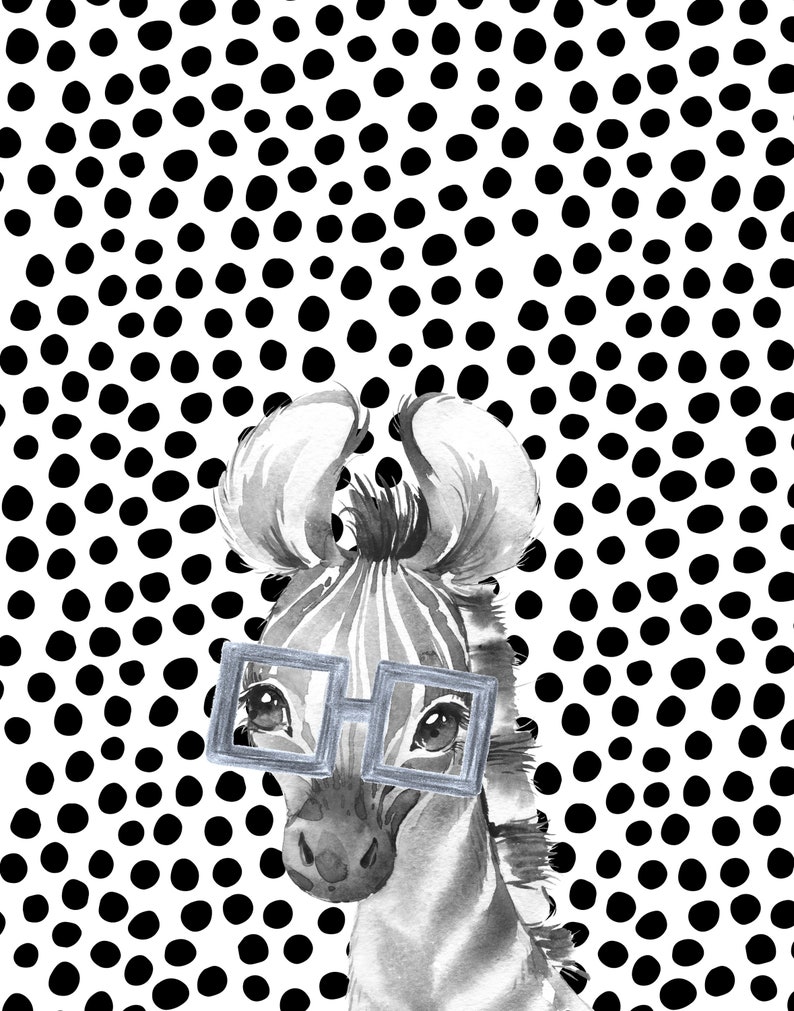 May include: A black and white zebra with a black and white striped pattern wearing blue glasses against a white background with black polka dots.
