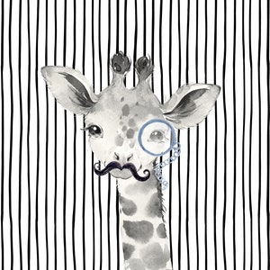 May include: A watercolor illustration of a giraffe wearing a monocle and a mustache. The giraffe is set against a black and white striped background.