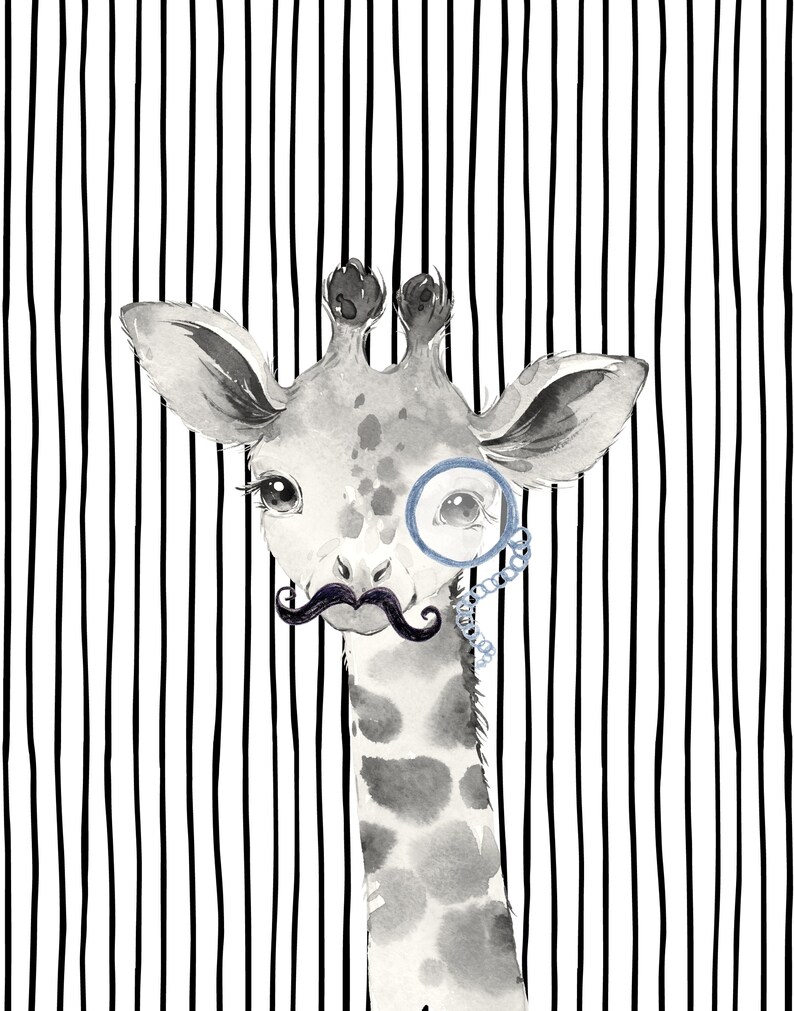 May include: A watercolor illustration of a giraffe wearing a monocle and a mustache. The giraffe is set against a black and white striped background.