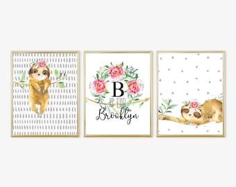 Sloth Baby Nursery, Baby Girl Nursery, Girls Nursery Prints, Sloth Prints, Digital Download, Floral Crown, 11X14 Prints, 132