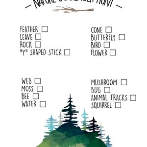 Puede incluir: Una lista de verificaci&oacute;n de b&uacute;squeda del tesoro de la naturaleza imprimible con una ilustraci&oacute;n de acuarela de un bosque. La lista de verificaci&oacute;n incluye elementos para encontrar, como una pluma, una hoja, una roca, un palo en forma de "Y", un cono, una mariposa, un p&aacute;jaro, una flor, una telara&ntilde;a, musgo, una abeja, agua, un hongo, un insecto, huellas de animales y una ardilla. La lista de verificaci&oacute;n tiene un espacio para escribir el n&uacute;mero total de elementos encontrados.