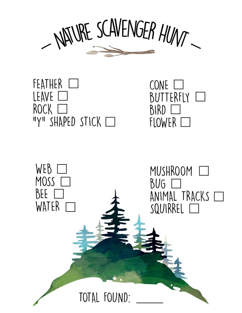 Puede incluir: Una lista de verificaci&oacute;n de b&uacute;squeda del tesoro de la naturaleza imprimible con una ilustraci&oacute;n de acuarela de un bosque. La lista de verificaci&oacute;n incluye elementos para encontrar, como una pluma, una hoja, una roca, un palo en forma de "Y", un cono, una mariposa, un p&aacute;jaro, una flor, una telara&ntilde;a, musgo, una abeja, agua, un hongo, un insecto, huellas de animales y una ardilla. La lista de verificaci&oacute;n tiene un espacio para escribir el n&uacute;mero total de elementos encontrados.