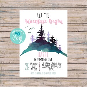 Abenteuer-Geburtstags-Einladung, INSTANT DOWNLOAD, im Freien Geburtstag einladen, Berg Geburtstag, Wald Geburtstag, Mädchen Natur Geburtstag, 034
