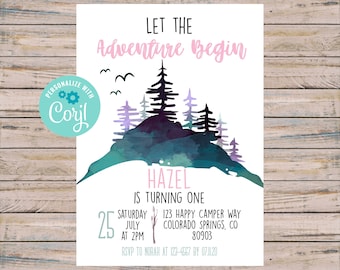 Adventure Birthday Invitation, INSTANT DOWNLOAD, Outdoors Birthday Invite, Mountain Birthday, Forest Birthday, Girls Nature Birthday, 034