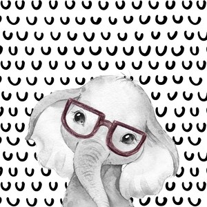 May include: A watercolor illustration of a gray elephant wearing red glasses against a white background with a black and white pattern of half circles.