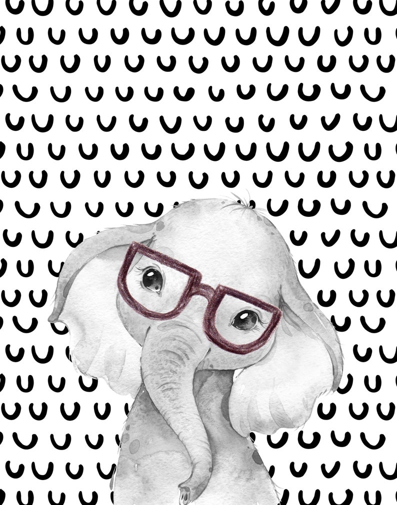 May include: A watercolor illustration of a gray elephant wearing red glasses against a white background with a black and white pattern of half circles.