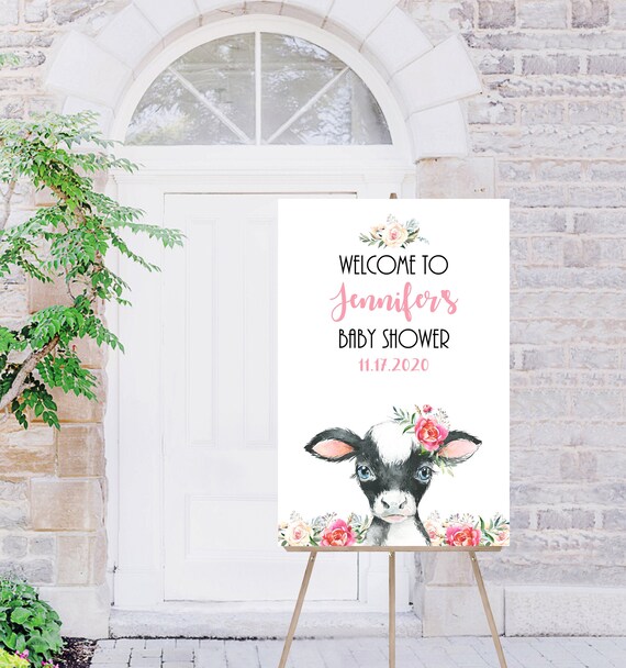 Blush Cow Floral Baby Shower Welcome Sign, INSTANT DOWNLOAD, Floral Baby Shower Sign, Cow Baby Shower, Baby Shower Welcome, 016