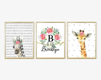 Safari Baby Girl Kinderdagverblijf, Baby Girl Nursery, Kids Room Name Prints, Jungle Baby Nursery, Safari Floral, Digital Download, 11X14 Prints, 165
