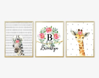 Safari Baby Girl Nursery, Baby Girl Nursery, Kids Room Name Prints, Jungle Baby Nursery, Safari Floral, Digital Download, 11X14 Prints, 165