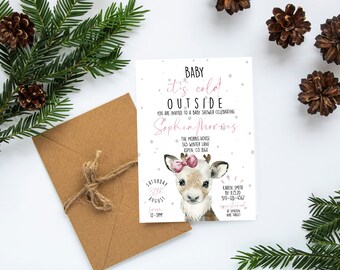 Baby Shower Uitnodiging, Winter Woodland Baby Shower, Rendier, Winter Baby Shower, Baby It's Cold Outside, Editable, Instant, Baby Girl, 051