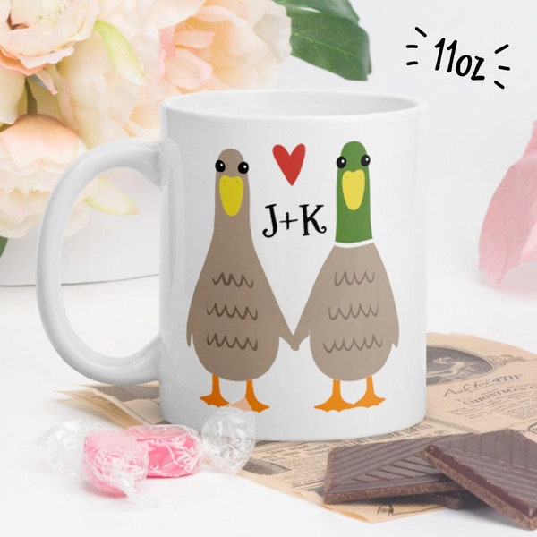 Love Ducks Coffee Mug Cute Ducks Couple Holding Hands with Heart Personalized Initials Valentine’s Day Gift Anniversary Gift for Sweetheart