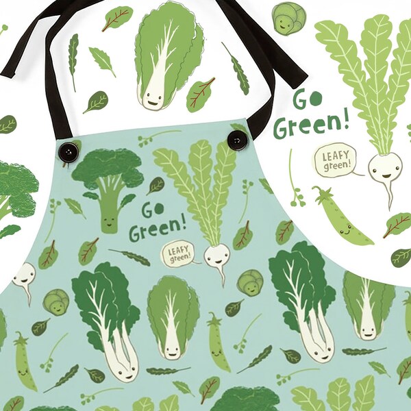 Healthy Chef Apron Cute Vegetables Kitchen Apron Gift for Gardeners - Funny Kawaii Veggies - Go Green! Leafy Green! Vegetarian Nutritionist