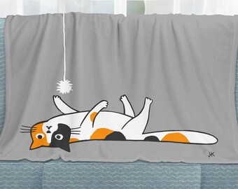 Calico Cat Throw Blanket Funny Lazy Cartoon Cat 60” X 50” Minky Plush Blanket Cute Gift for Cat Person