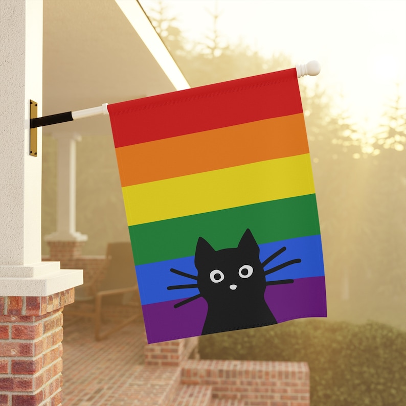 Peeking Black Cat LGBTQ Rainbow Flag Funny Cat Lover Pride Garden Flag LGBTQIA Cool Gay Cat House Flag - Pole Not Included 24.5'' × 32''