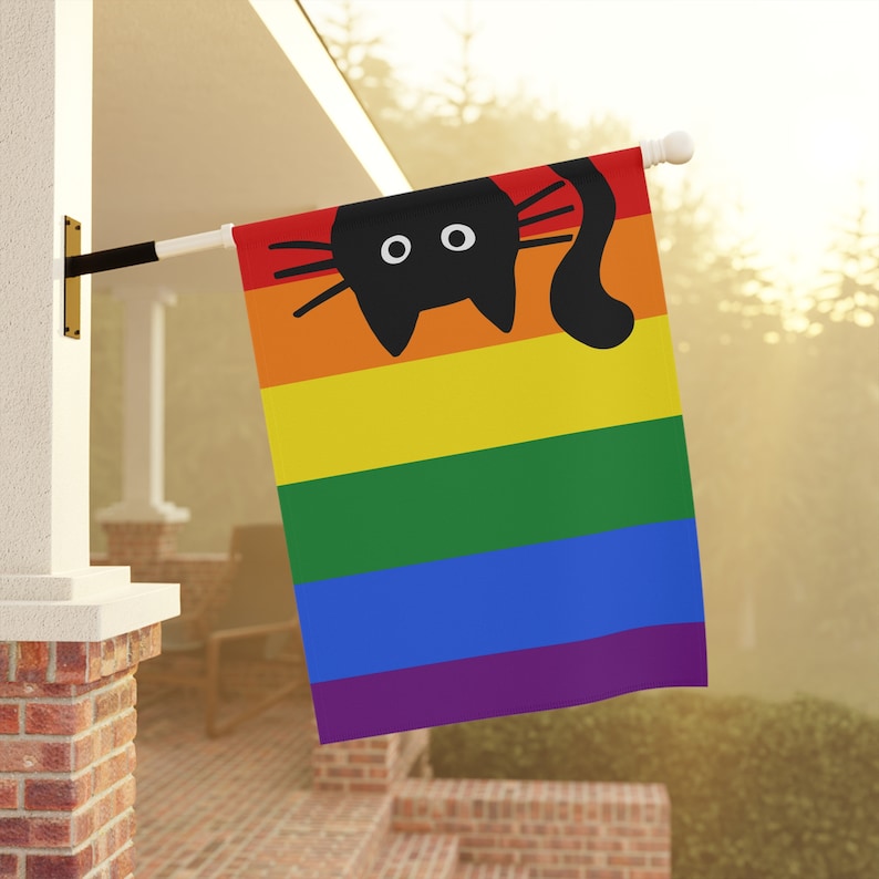 LGBTQ Rainbow Flag with Peeking Black Cat Gay Pride Garden Flag Funny Cat LGBTQIA Double Sided Banner - Pole Not Included 24.5'' × 32''