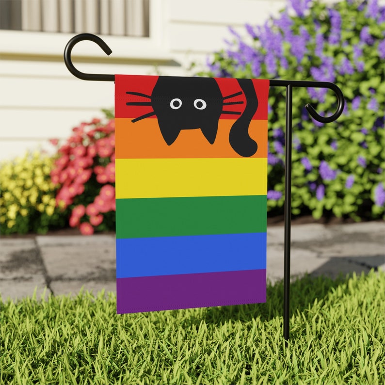 LGBTQ Rainbow Flag with Peeking Black Cat Gay Pride Garden Flag Funny Cat LGBTQIA Double Sided Banner - Pole Not Included 12'' × 18''