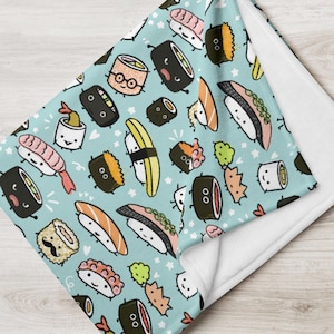 Kawaii Sushi Throw Blanket | Cute Sushi Rolls, Sashimi, Wasabi and Ginger Patterned on Teal 50" X 60" Minky Blanket Funny Sushi Characters