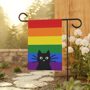Peeking Black Cat LGBTQ Rainbow Flag Funny Cat Lover Pride Garden Flag LGBTQIA Cool Gay Cat House Flag - Pole Not Included 12'' × 18''
