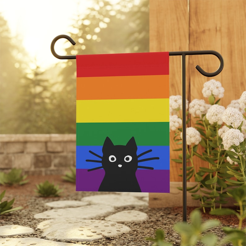 Peeking Black Cat LGBTQ Rainbow Flag Funny Cat Lover Pride Garden Flag LGBTQIA Cool Gay Cat House Flag - Pole Not Included 12'' × 18''