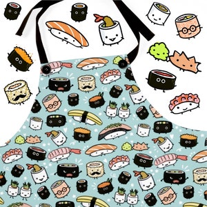 May include: A blue and white apron with a fun sushi pattern. The apron features various types of sushi, including nigiri, maki, and sashimi, all with cute faces.