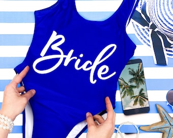 Bride Squad Bachelorette Badeanzug, Brautjungfern Badeanzug Einteiler, Maßgeschneiderte Bademode Braut und Stamm, Bride to Be, personalisierter Badeanzug