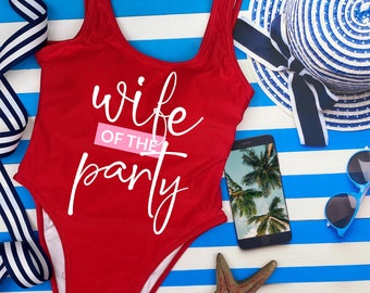 Wife of The Party Bachelorette Swimsuit, Personalized One Piece Bathing Suit, Team Bride Swimsuit, Bridesmaid Swimsuit, Honeymoon Swimwear