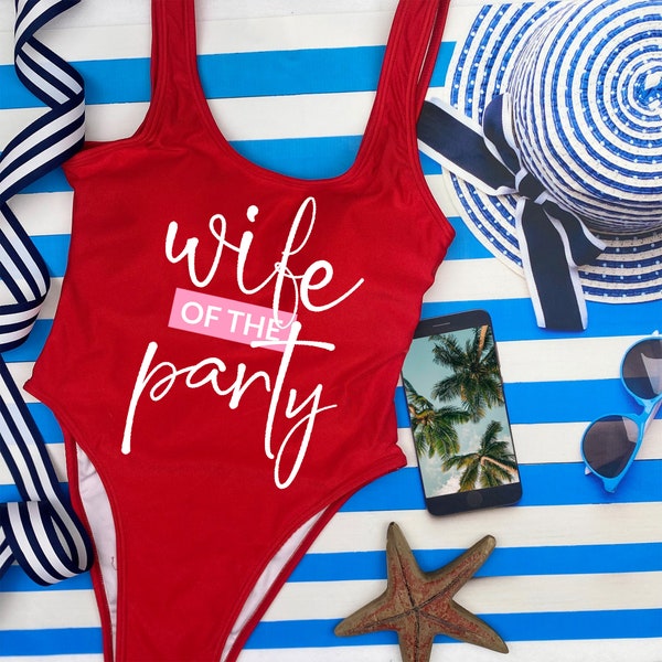 Wife of The Party Bachelorette Swimsuit, Personalized One Piece Bathing Suit, Team Bride Swimsuit, Bridesmaid Swimsuit, Honeymoon Swimwear