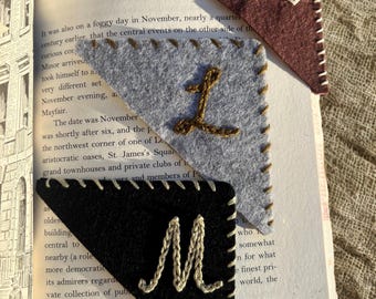 Custom Hand-Embroidered Corner Bookmark - Inital Bookmark - Earth-tone Bookmarks