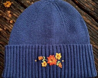 Hand-Embroidered Flower Beanie