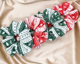 XL Christmas Thermal Pajamas Print Scrunchie In Red Or Green, Jumbo Hair Ties, Oversized Scrunchie for Girls