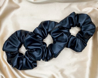 XL Black Faux Leather Oversized Scrunchie, Jumbo Luxe Leather Look Hair Tie