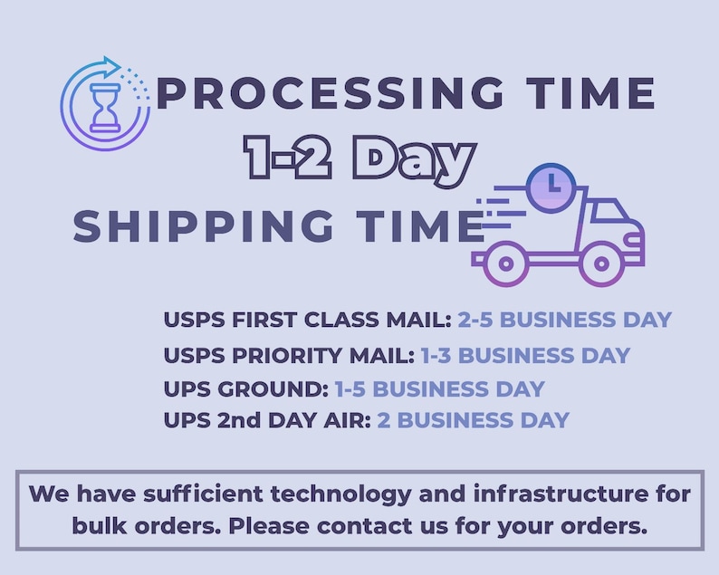 Może przedstawiać: Grafika z tekstem "PROCESSING TIME 1-2 Day SHIPPING TIME". Zawiera klepsydrę i ciężar&oacute;wkę. Opcje wysyłki: USPS First Class, Priority Mail, UPS Ground i 2nd Day Air.