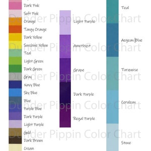 May include: Color chart with 17 different colors, including dark red, light pink, teal, amethyst, grape, dark purple, regal purple, gold, cream, white, jet blue, and black. The chart is labeled "Duder Pippin Color Chart".