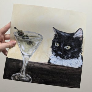 Impresión de martini sucio, pintura de gato con esmoquin, póster de cóctel, arte de pared de gato negro, pintura de gato divertida, impresión de arte peculiar, pintura de aceitunas