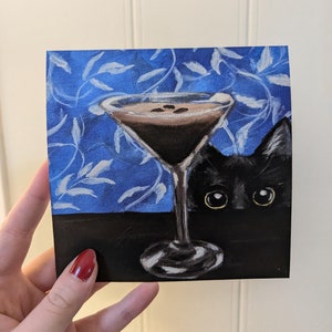 Impresión de martini espresso, pintura de gato negro, póster de cóctel, arte de pared de gato negro, pintura de gato divertida, arte ecléctico, arte de pared único