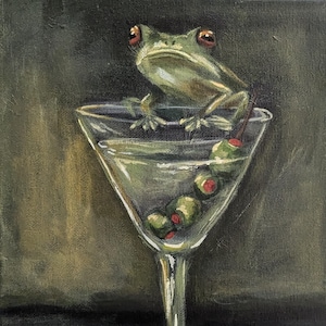 Frog in a dirty martini painting, dirty martini art, eclectic animal painting, silly frog wall art, martini decor, bar cart art, frog art