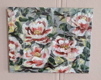 May include: A painting of pink and white flowers with green leaves on a gray background.