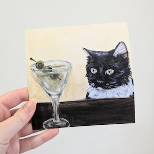 Impresión de martini sucio, pintura de gato con esmoquin, póster de cóctel, arte de pared de gato negro, pintura de gato divertida, impresión de arte peculiar, pintura de aceitunas