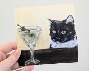 Tuxedo Cat Dirty Martini Art Print: Quirky Cocktail Poster