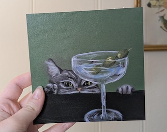 Dirty Martini Cat Art Print: Whimsical Cocktail Illustration (5x5)