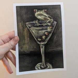 Frog with a dirty martini, martini wall art, weird wall art, quirky frog, frog wall art, frog painting, quirky decor, bar cart art, frog