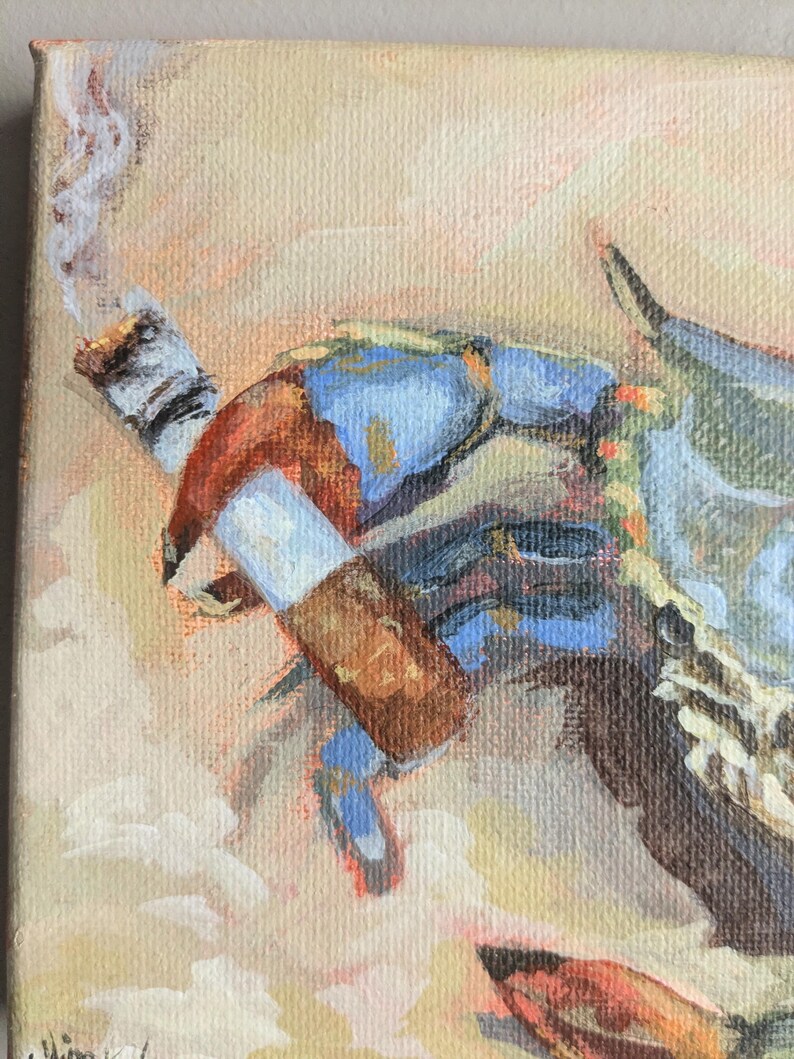 May include: An acrylic painting of a blue crab smoking a cigarette. The crab is painted with blue, brown, and orange hues, with a lit cigarette in its claw. The background is a soft blend of peach and cream colors.